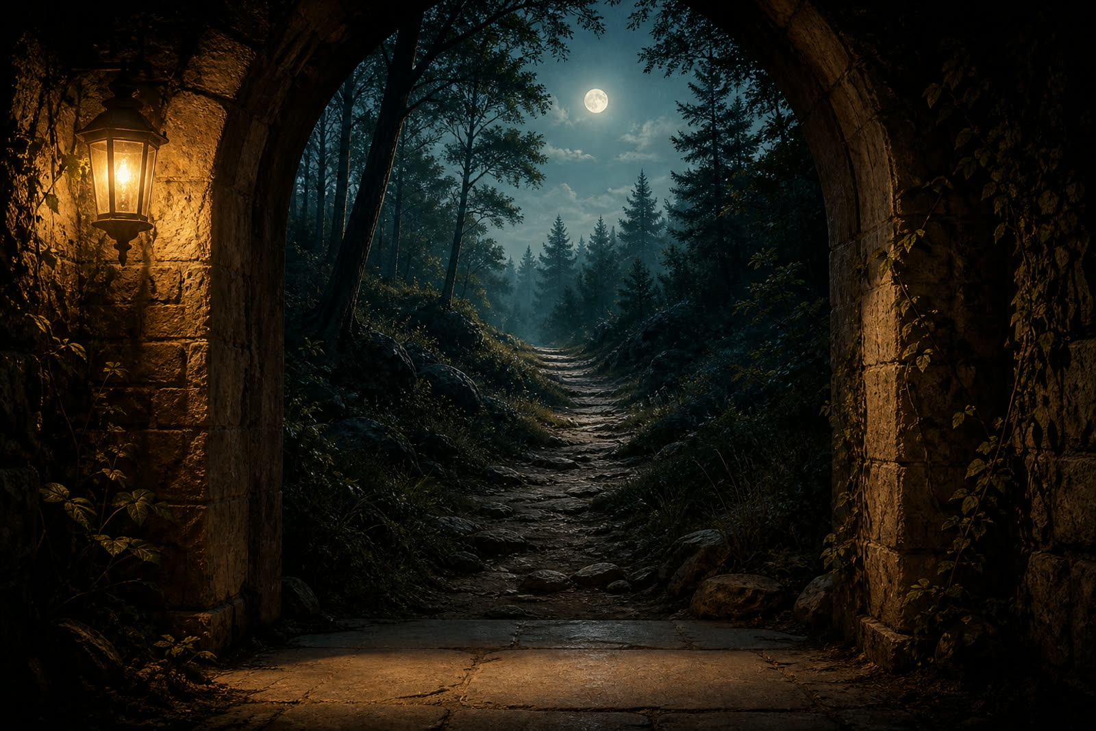 Stone threshold opening onto a moonlit forest trail